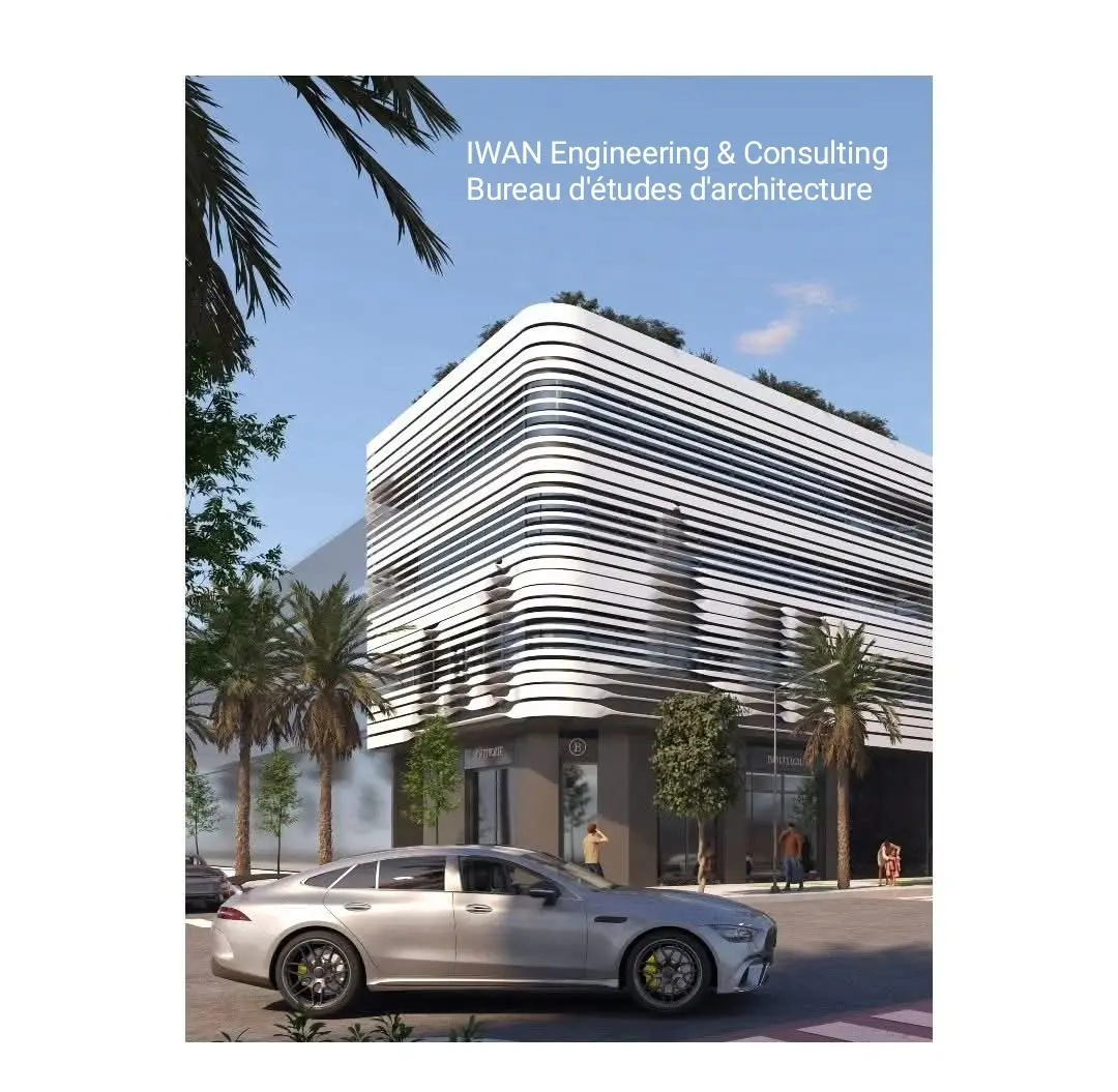 Architecte Oran - IWAN Engineering & Consulting | Conception architecturale d'un bâtiment commercial, Oran. Un design moderne et contemporain, de l'esquisse au rendu 3D.